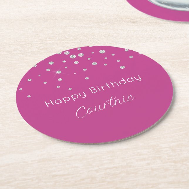 Glam Pink White Diamonds Birthday Round Paper Coaster (Angled)