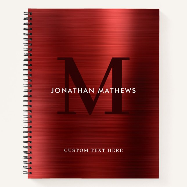 Glam Plain Brushed Metallic Red Monogram Notebook (Front)