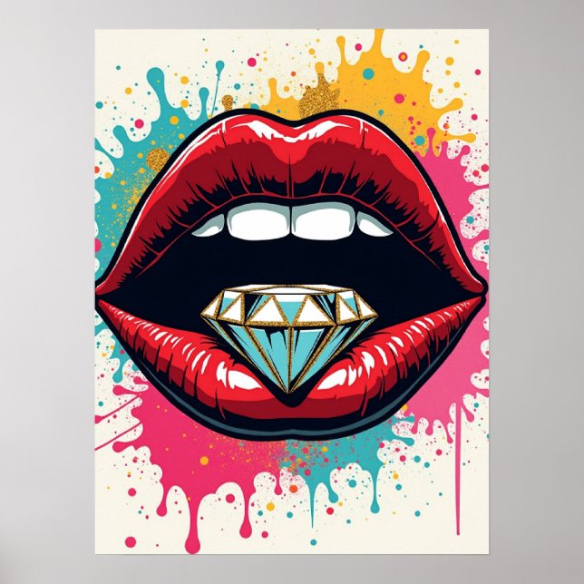 Glam Pop Art Red Lips and Diamond Poster (Front)