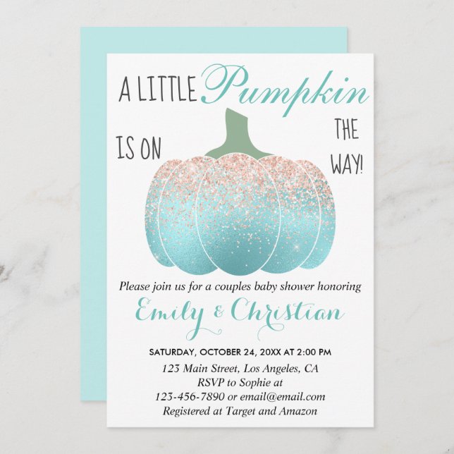 Glam Pumpkin Aqua Peach Orange Glitter Baby Shower Invitation (Front/Back)