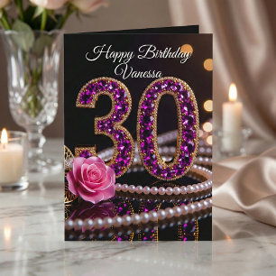 Glam Purple Amethyst Gems and Pearls 30th Birthday Card