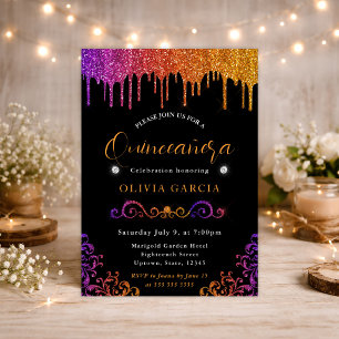 Glam Purple and Orange Glitter Quinceanera Invitation