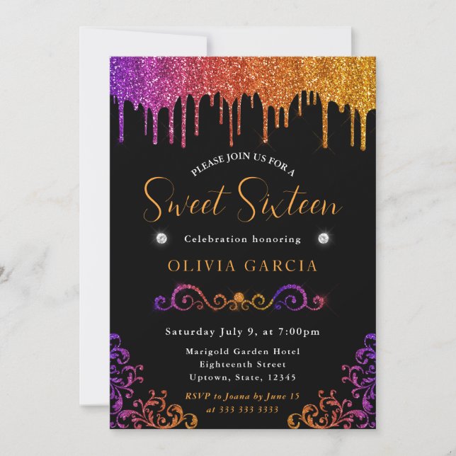 Glam Purple and Orange Gradient Glitter Sweet 16 Invitation (Front)