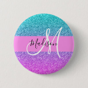 Glam Purple Aqua Glitter Sparkle Gradient Monogram 6 Cm Round Badge