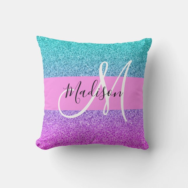 Glam Purple Aqua Glitter Sparkle Gradient Monogram Cushion (Front)
