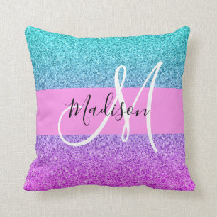 Glam Purple Aqua Glitter Sparkle Gradient Monogram Cushion