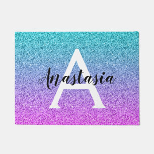 Glam Purple Aqua Glitter Sparkle Gradient Monogram Doormat