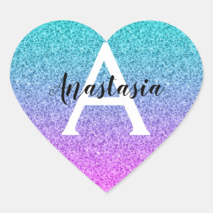 Glam Purple Aqua Glitter Sparkle Gradient Monogram Heart Sticker