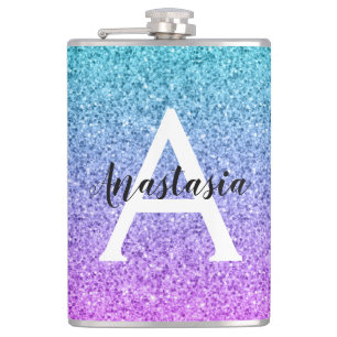 Glam Purple Aqua Glitter Sparkle Gradient Monogram Hip Flask