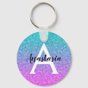 Glam Purple Aqua Glitter Sparkle Gradient Monogram Key Ring