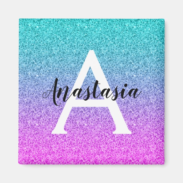 Glam Purple Aqua Glitter Sparkle Gradient Monogram Magnet (Front)