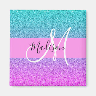 Glam Purple Aqua Glitter Sparkle Gradient Monogram Magnet