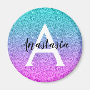 Glam Purple Aqua Glitter Sparkle Gradient Monogram Magnet
