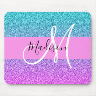 Glam Purple Aqua Glitter Sparkle Gradient Monogram Mouse Pad