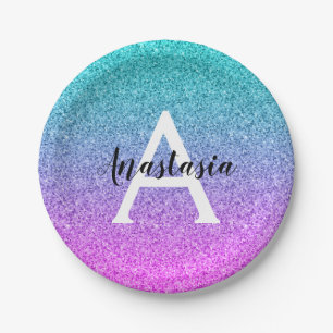 Glam Purple Aqua Glitter Sparkle Gradient Monogram Paper Plate