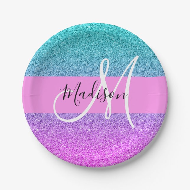 Glam Purple Aqua Glitter Sparkle Gradient Monogram Paper Plate (Front)