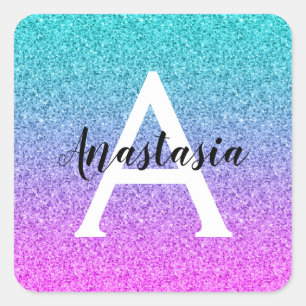 Glam Purple Aqua Glitter Sparkle Gradient Monogram Square Sticker