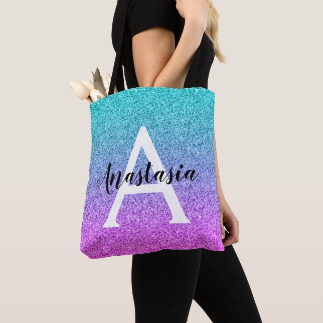 Glam Purple Aqua Glitter Sparkle Gradient Monogram Tote Bag (Close Up)