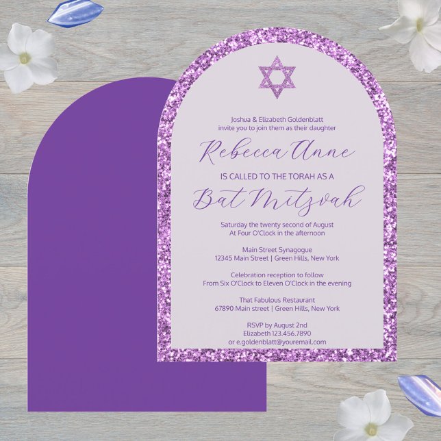 Glam Purple Arch Traditional Elegant Bat Mitzvah Invitation (These decorative arch Bat Mitzvah invitations in purple are easy to personalize)