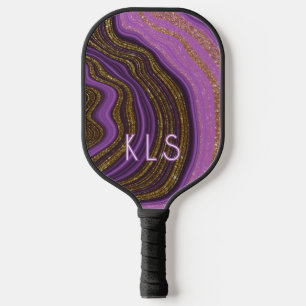 Glam Purple Black & Gold Glitter Agate Monogram Pickleball Paddle