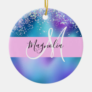 Glam Purple, Blue & Green Glitter Sparkle Monogram Ceramic Ornament