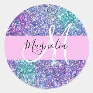 Glam Purple, Blue & Green Glitter Sparkle Monogram Classic Round Sticker