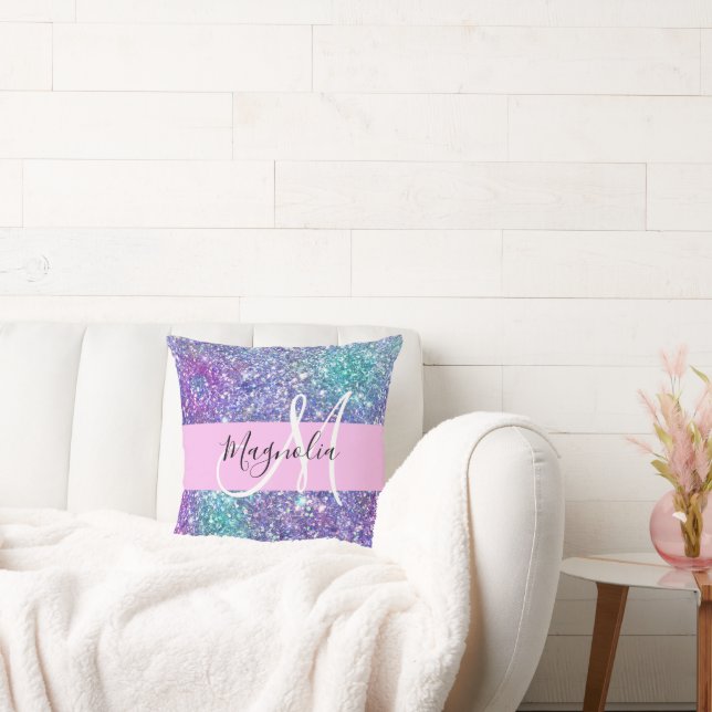 Glam Purple, Blue & Green Glitter Sparkle Monogram Cushion (Couch)