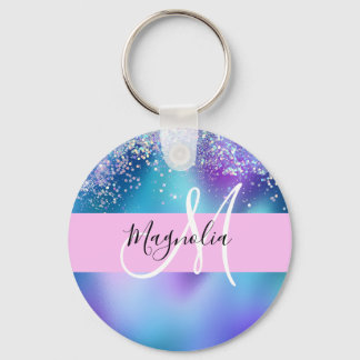Glam Purple, Blue & Green Glitter Sparkle Monogram Key Ring