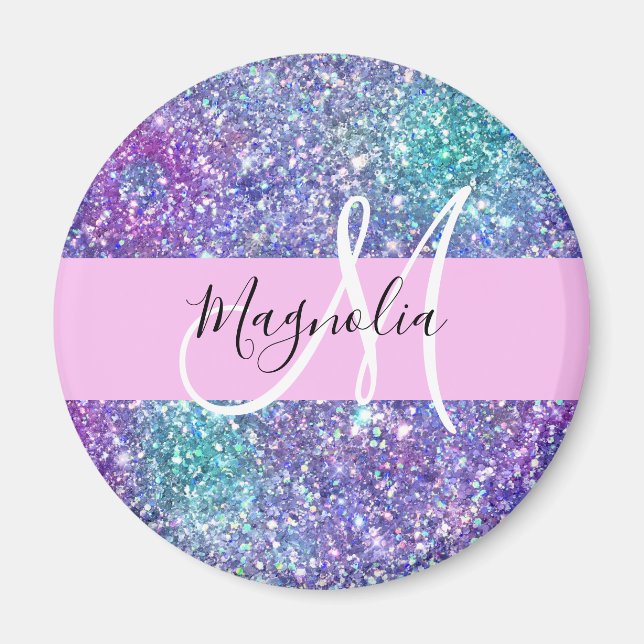Glam Purple, Blue & Green Glitter Sparkle Monogram Magnet (Front)