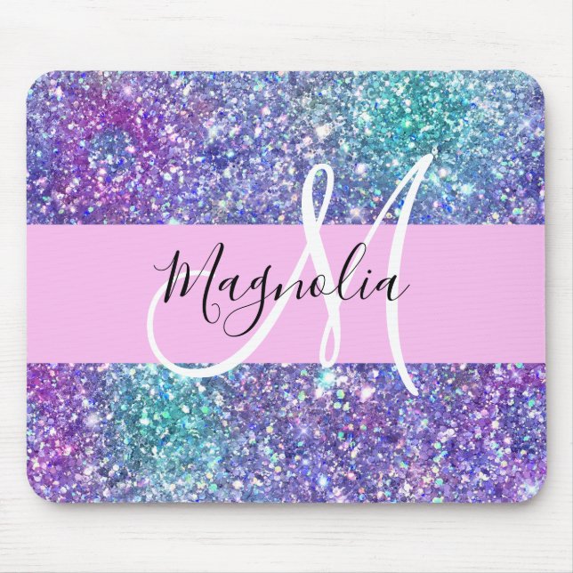 Glam Purple, Blue & Green Glitter Sparkle Monogram Mouse Pad (Front)