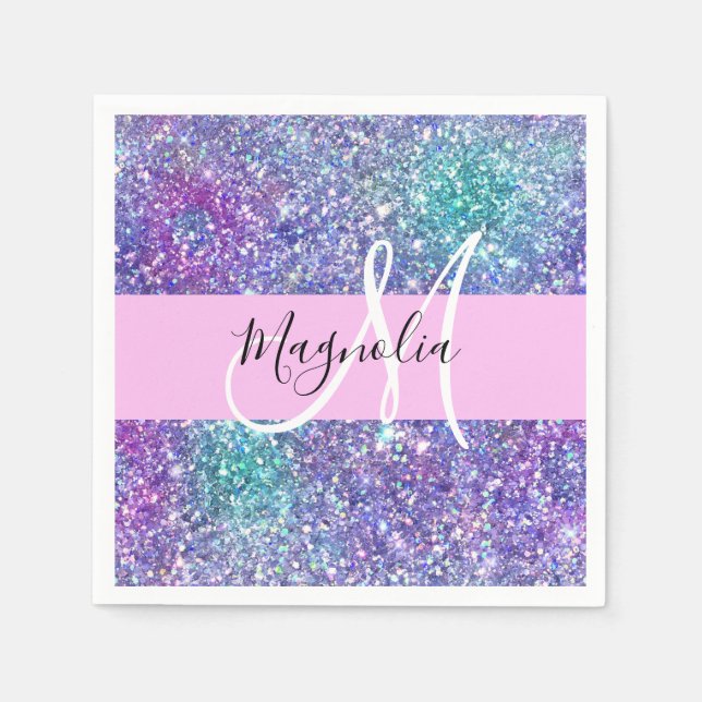 Glam Purple, Blue & Green Glitter Sparkle Monogram Napkin (Front)