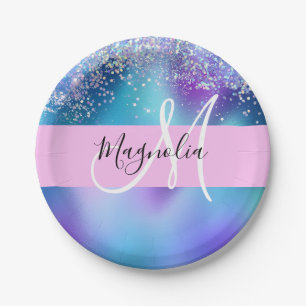 Glam Purple, Blue & Green Glitter Sparkle Monogram Paper Plate