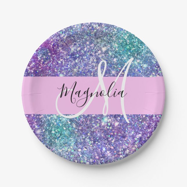 Glam Purple, Blue & Green Glitter Sparkle Monogram Paper Plate (Front)
