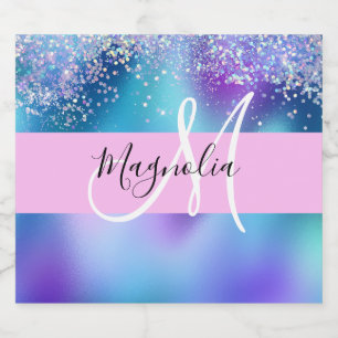 Glam Purple, Blue & Green Glitter Sparkle Monogram Sparkling Wine Label
