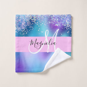 Glam Purple, Blue & Green Glitter Sparkle Monogram Wash Cloth