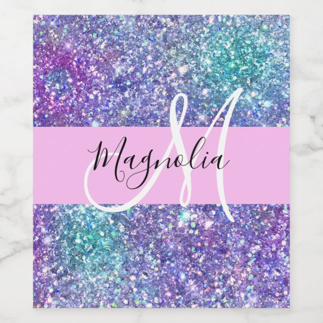 Glam Purple, Blue & Green Glitter Sparkle Monogram Wine Label (Single Label)
