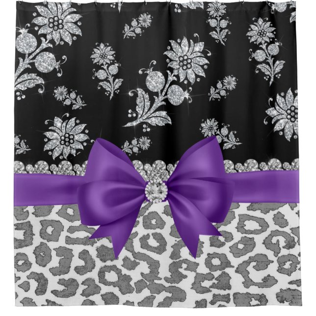 Glam Purple Bow-Grey Leopard-Silver Floral Sparkle Shower Curtain (Front)