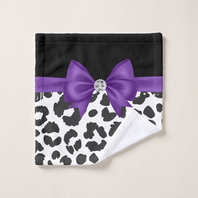 Glam Purple Bow-White Leopard Print-Black Bath Towel Set (Wash Cloth)