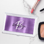 Glam Purple Brushed Metal Black White Monogram Business Card Holder<br><div class="desc">This trendy modern business card case features a monogram and first name in black and white script on a stylish purple faux brushed metal background.</div>