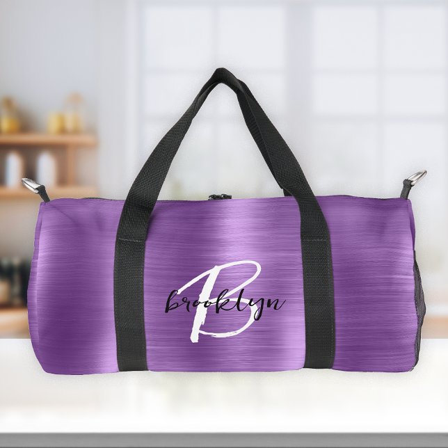 Glam Purple Brushed Metal Black White Monogram  Duffle Bag (Creator Uploaded)