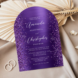 Glam Purple Brushed Metal Glitter Arch Wedding Invitation