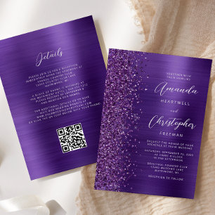 Glam Purple Brushed Metal QR Code Wedding Invitation