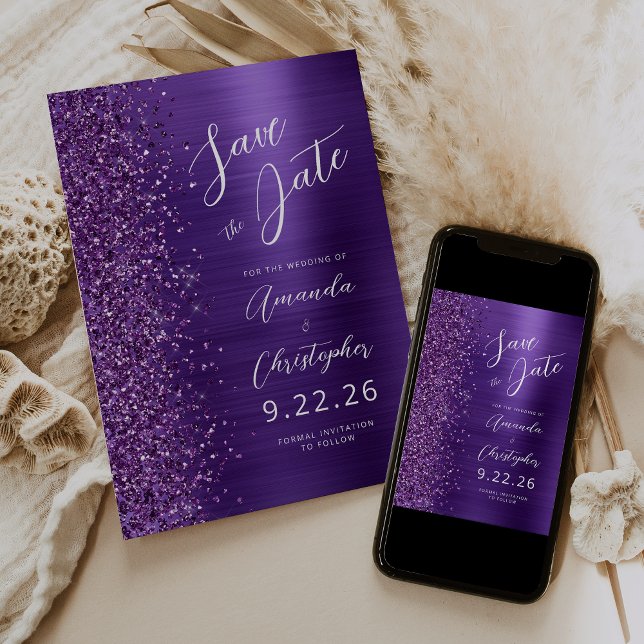 Glam Purple Brushed Metal Script Save the Date Announcement (Creator Uploaded)