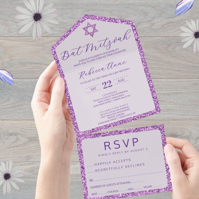 Glam Purple Classic Elegant Bat Mitzvah RSVP All In One Invitation (Add a little faux glitter to your Bat Mitzvah invitations with this purple all in one invite style)