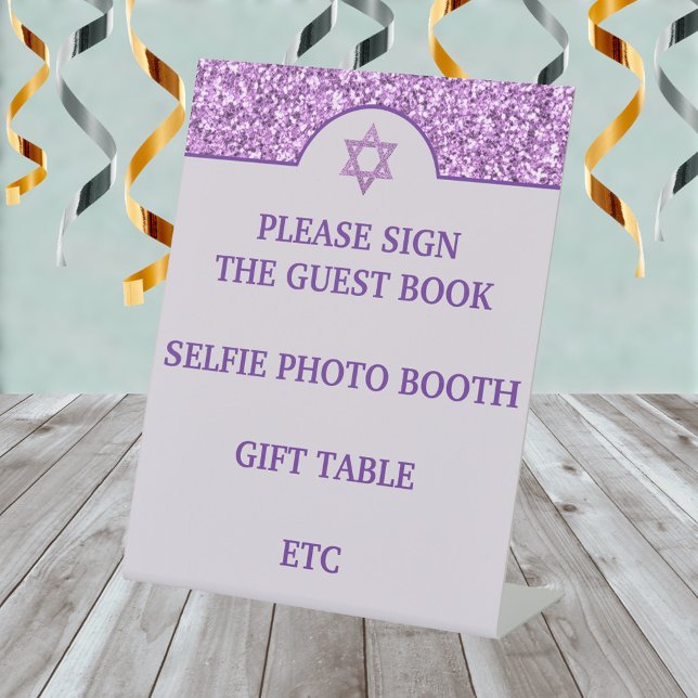 Glam Purple Create Your Own Elegant Bat Mitzvah Pedestal Sign (Edit and add your own text to make the perfect purple glam Bat Mitzvah tabletop signs for the party)