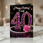 Glam Purple Diamonds Pearls Rose 40th Birthday Card<br><div class="desc">Celebrate her milestone 40th birthday with this dazzling and luxurious birthday card. The artwork features a stunning, oversized "40" typography encrusted with simulated purple diamonds and amethysts, set against a chic black background with festive gold bokeh accents. A delicate pink rose with gold leaves and a classic string of pearls...</div>