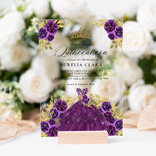 Glam Purple Dress Floral 15th Quinceañera Acrylic Invitations
