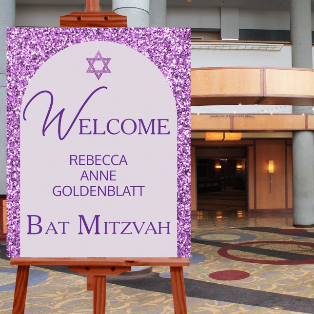 Glam Purple Elegant Chic Bat Mitzvah Welcome Poster (Welcome your Bat Mitzvah party guests with this purple faux glitter sign)