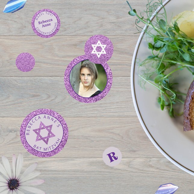 Glam Purple Elegant Girl Photo Bat Mitzvah Party Confetti (This purple glam Bat Mitzvah confetti is fun to sprinkle on the party tables)