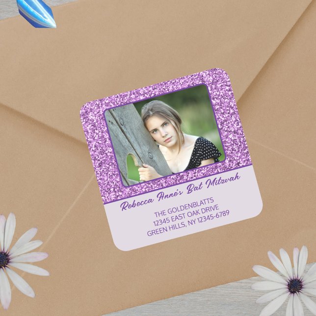Glam Purple Elegant Photo For Her Bat Mitzvah Square Sticker (Add your photo and custom text)